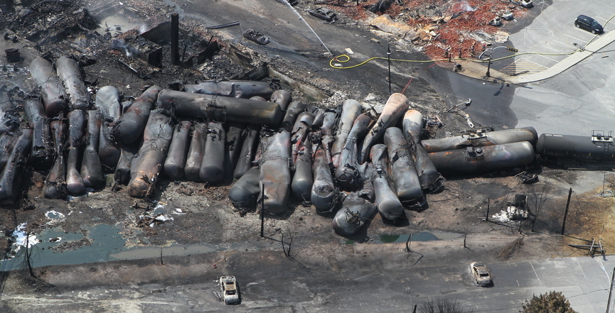 Aerial photo of the 2013 Lac-Megantic rail disaster. Image: Transportation Safety Board/Flickr