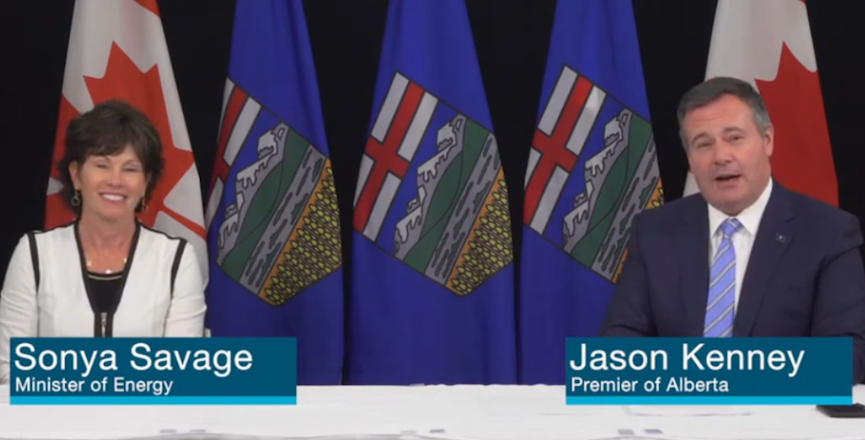 Alberta Energy Minister Sonya Savage and Premier Jason Kenney in Friday's video. Image: Screenshot of Government of Alberta video