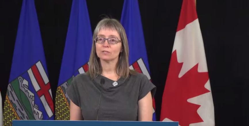 Dr. Deena Hinshaw at yesterday's COVID-19 daily briefing. Image: Screenshot of Alberta Government video