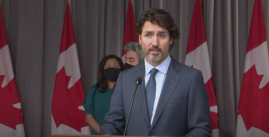 Justin Trudeau speaks after a cabinet retreat on September 16, 2020. Image: Video screenshot/PMO