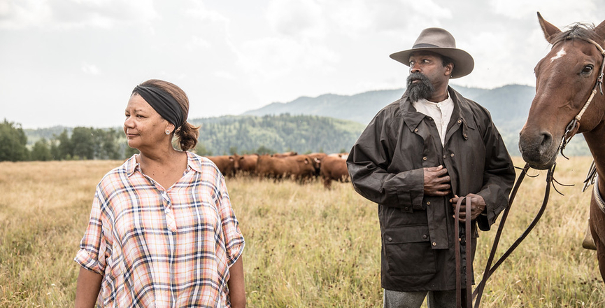 Director Cheryl Foggo and rodeo champion Fred Whitfield as John Ware. Image: Shaun Robinson, used with permission