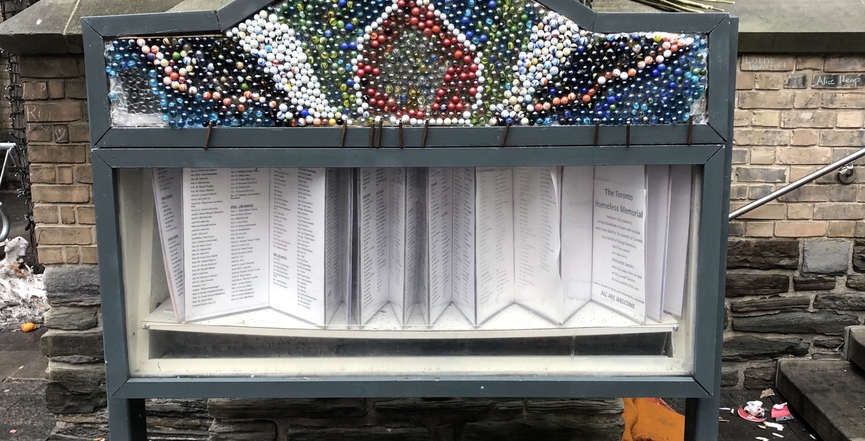 The Toronto Homeless Memorial showing levered pages to allow the 1,000 plus names to be viewed. Image: Cathy Crowe