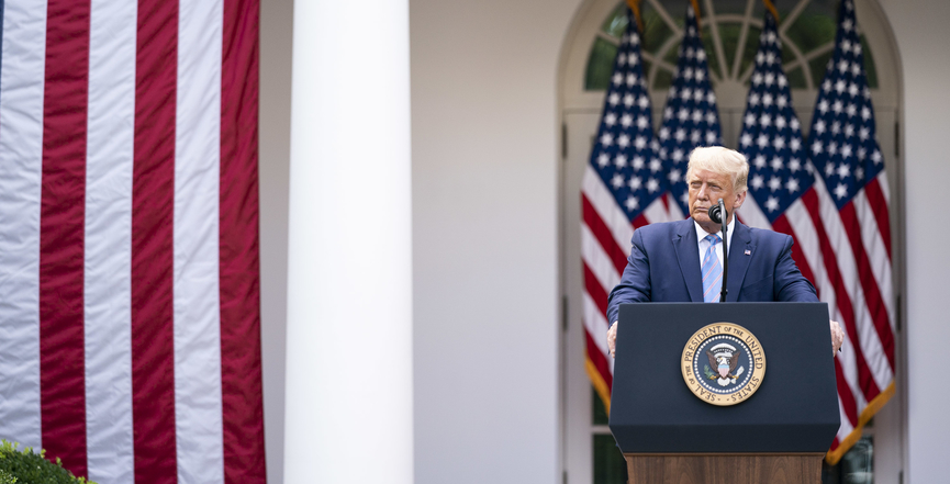 President Donald J. Trump listens as Vice President Mike Pence addresses his remarks during an update on the nation’s COVID-19 Coronavirus testing strategy, September 28, 2020. Image: The White House/Flickr