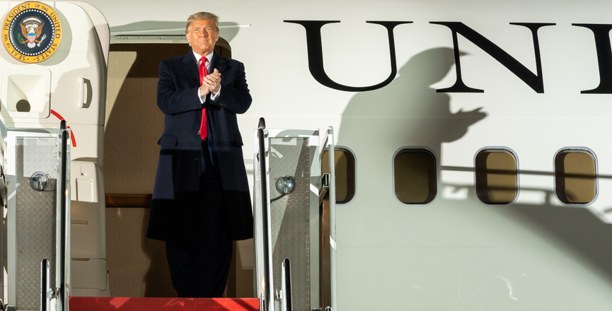 President Donald J. Trump as he disembarks Air Force One at John Murtha Johnstown-Cambria County Airport in Johnstown, Pennsylvania on Tuesday, October 13, 2020. Image: The White House/Flickr