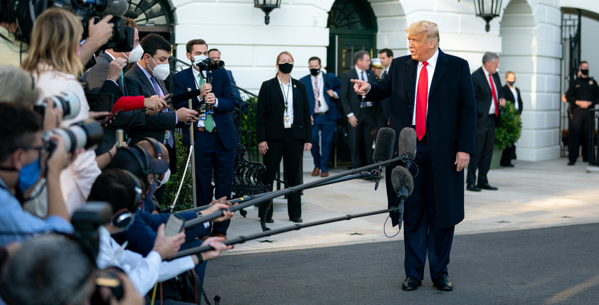 President Donald J. Trump talks with reporters outside the South Portico entrance of the White House Wednesday, October 21, 2020. Image: The White House/Flickr