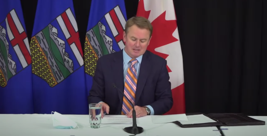 Alberta Health Minister Tyler Shandro at this morning's news conference. Photo: Screenshot of Government of Alberta video