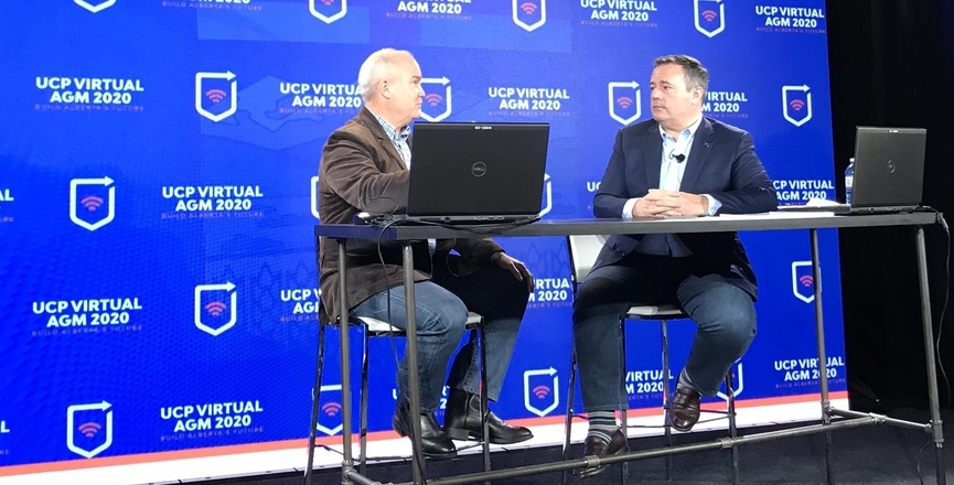 Jason Kenney and Erin O'Toole converse at the UCP's virtual 2020 AGM. Image: United Conservative Party/Twitter