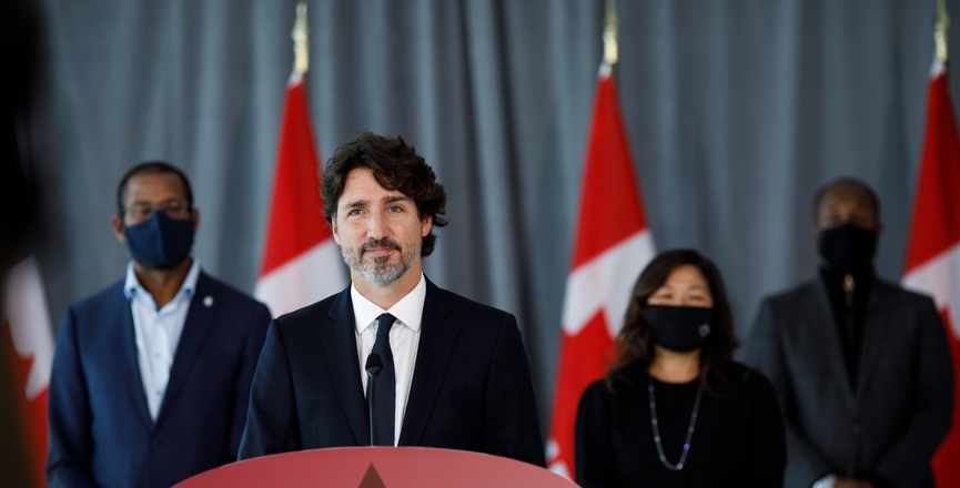Trudeau announcing support for Black entrepreneurs at a press conference in September 2020. Image: CanadianPM/Twitter