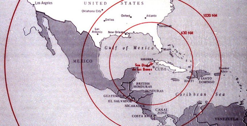 Map from 1962 showing the range of nuclear missiles based in Cuba. Image: Wikimedia Commons