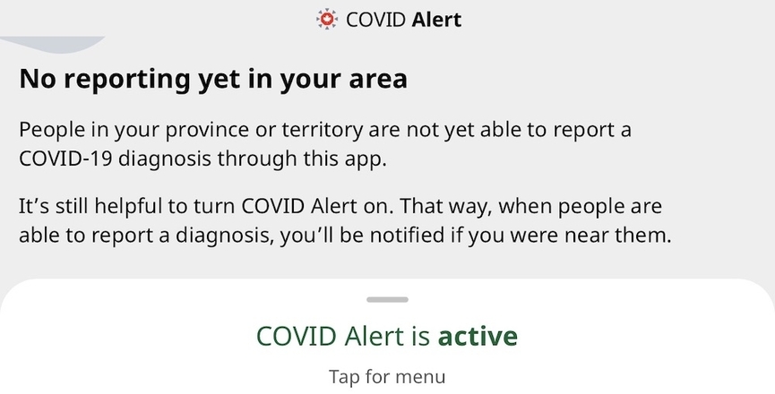 The message on the author's COVID Alert smartphone app, and yours too if you live in Alberta. Image: David J. Climenhaga