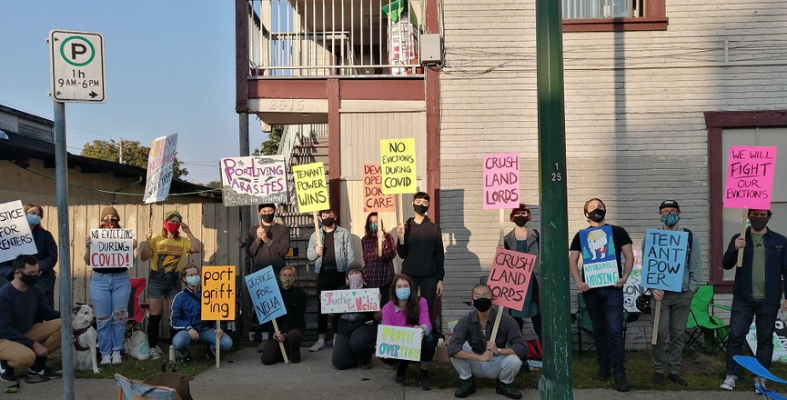 Vancouver renters picket a building. Image: contributed photo