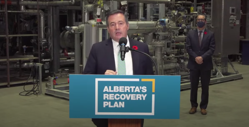 Jason Kenney responds to journalist Emma Graney's question at yesterday's news conference. Image: Screenshot of Government of Alberta video/YouTube