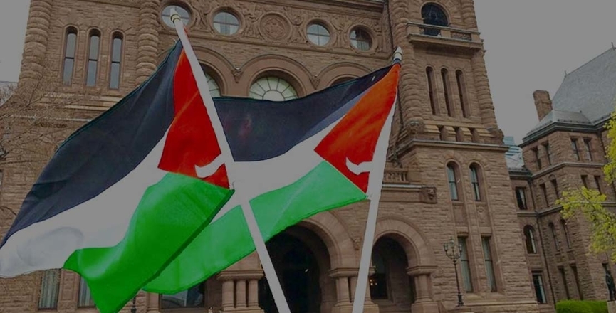 Palestinian flags outside of Queen's Park. Image: Courtesy of Just Peace Advocates