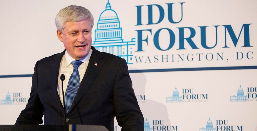 Stephen Harper gives a speech at the IDU forum in 2019. Image: International Democrat Union/Twitter