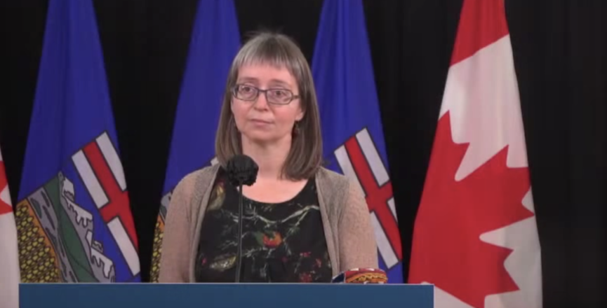 Alberta Chief Medical Officer of Health Deena Hinshaw at yesterday's daily COVID-19 briefing. Image: Screenshot of Alberta government video