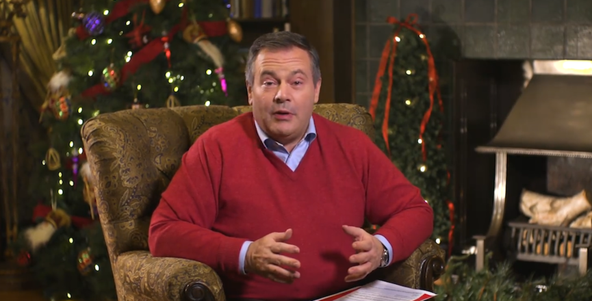 Premier Jason Kenney with his "letter from Santa." Image: Screenshot of Facebook video