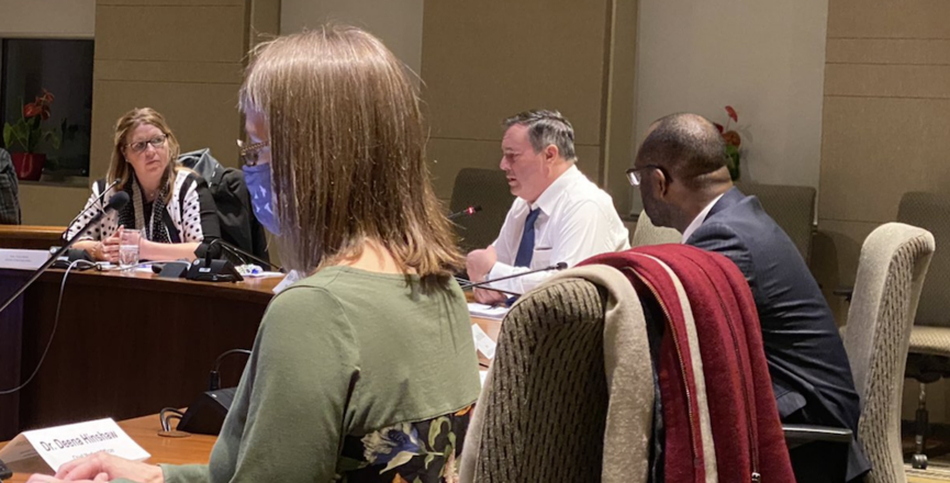 Left to right in background: Alberta Municipal Affairs Minister Tracy Allard, Premier Jason Kenney and Justice Minister Kayvee Madu; In the foreground, Chief Medical Officer of Health Deena Hinshaw. (Image: Kaycee Madu/Twitter)