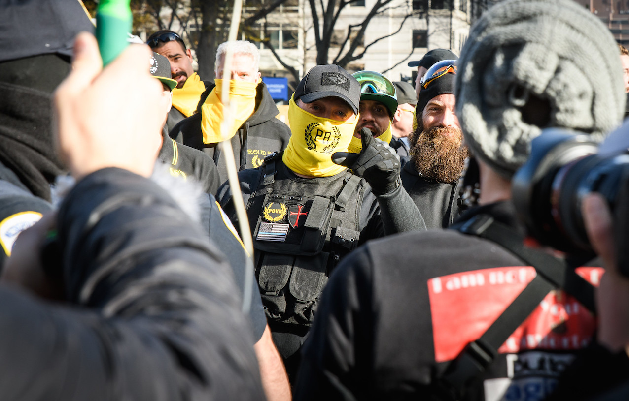 Counter protesters contront group of Proud Boys. Image credit: Geoff Livingston/Flickr