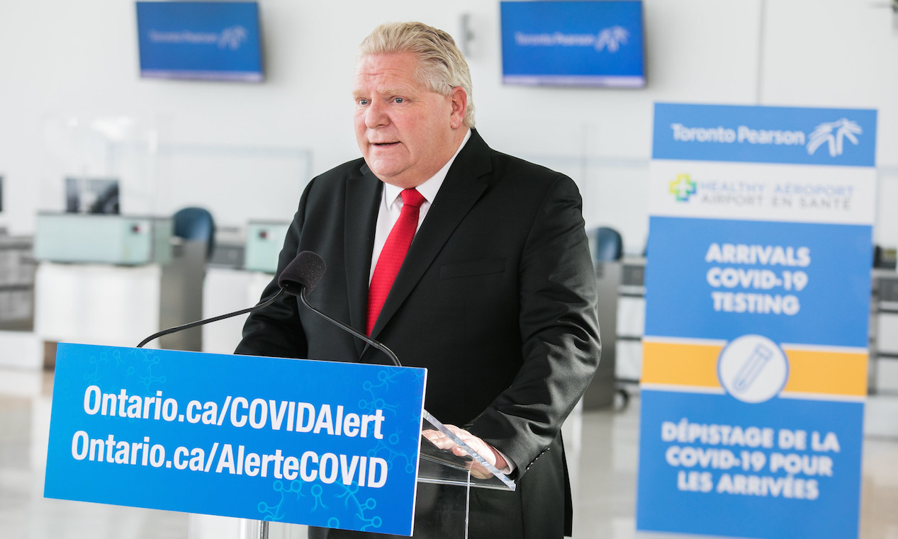 Ontario Premier Doug Ford announces the launch of COVID-19 testing program at Pearson Airport. Image credit: Premier of Ontario Photography/Flickr