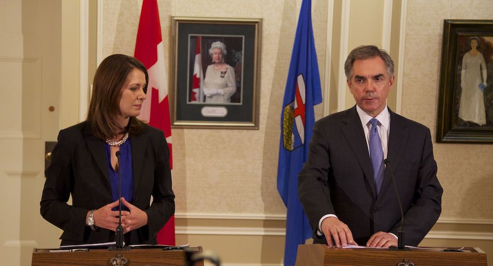 Danielle Smith and then-premier Jim Prentice on the day of the shocking Wildrose floor crossing in 2014 (Image credit: Dave Cournoyer/Flickr).