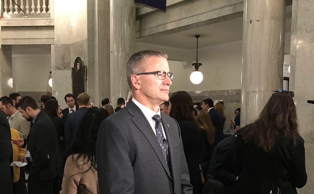 Alberta Finance Minister Travis Toews speaks to the media in 2019. Image credit: David J. Climenhaga