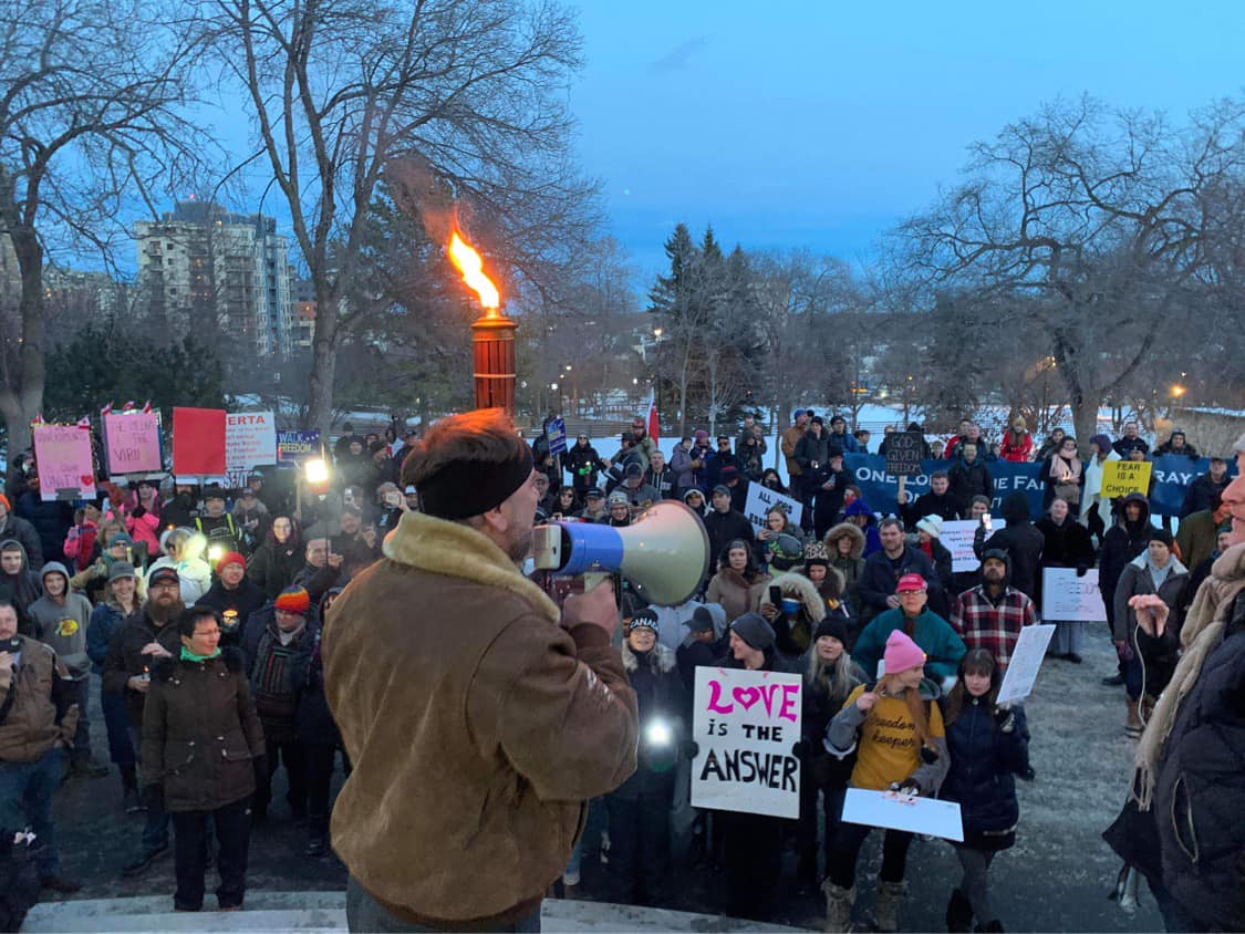 Calgary street preacher Artur Pawlowski addresses supporters at Saturday's tiki-torch march in Edmonton. Image: Artur Pawlowski/Facebook