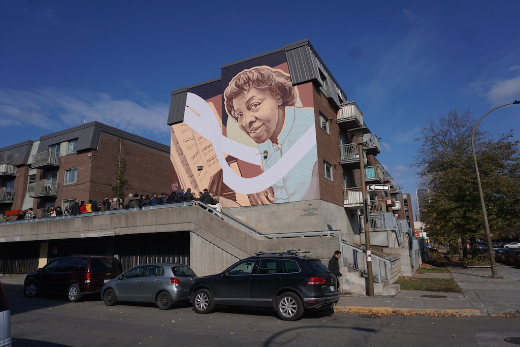 Unveiling of mural of Daisy Sweeney in Montreal's Little Burgundy neighbourhood, 2018. Image credit: Karl Nerenberg/rabble.ca