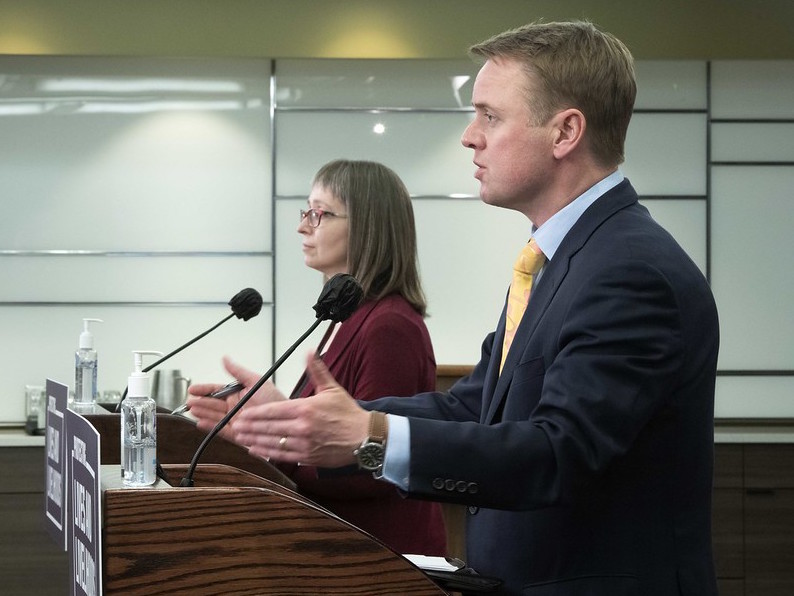 Chief Medical Officer of Health Deena Hinshaw and Alberta Health Minister Tyler Shandro at yesterday's COVID-19 update news conference. Image credit: Chris Schwarz, Alberta Newsroom/Flickr