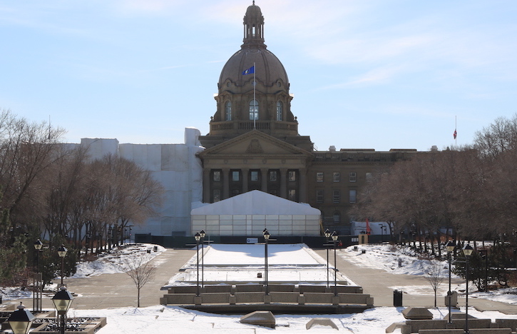 The Alberta Legislature, in its current, shrouded state. Image credit: David J. Climenhaga