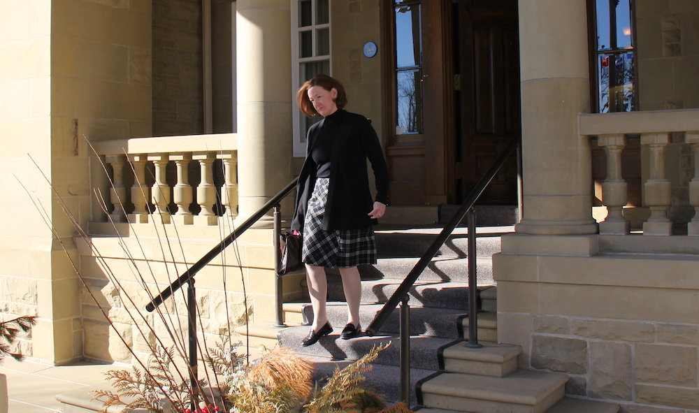 Alison Redford leaves Government House alone at 11:32 a.m. on March 13, 2020, two days before the Ides, after Conservative MLAs presented her with their grievances. Image credit: David J. Climenhaga