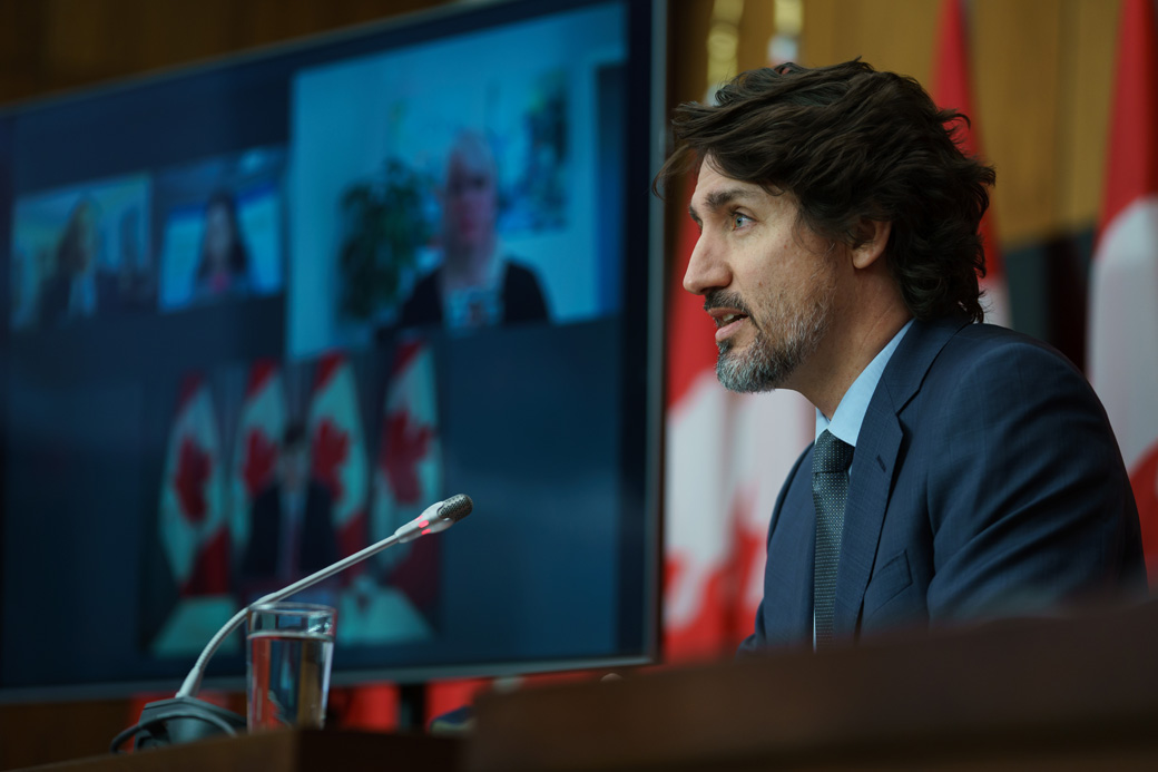 Prime Minister Justin Trudeau speaks with media, March 5, 2021. Image credit: Adam Scotti/PMO