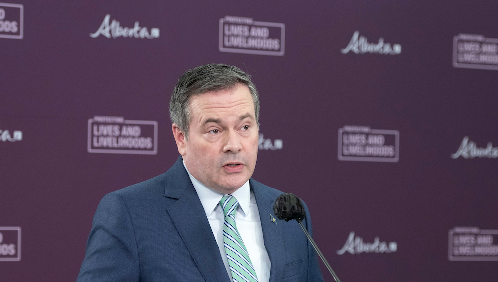 Alberta Premier Jason Kenney at yesterday's COVID news conference. Image credit: Alberta Newsroom/Flickr