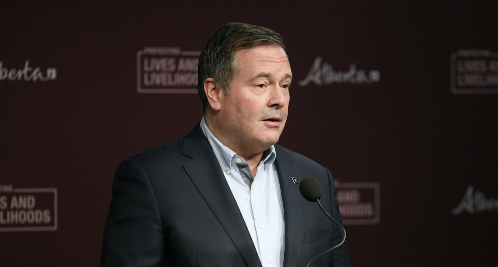Alberta Premier Jason Kenney at yesterday's COVID-19 news conference. Image credit: Winston Pon/Office of the Premier, Alberta Newsroom/Flickr