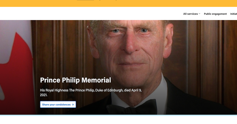 Prince Philip, the Duke of Edinburgh and Royal consort, as seen all week on the Government of Alberta's web page. Image: Government of Alberta screenshot