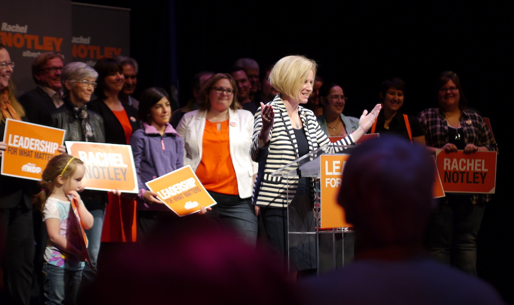 Alberta NDP Leader Rachel Notley surrounded by campaign volunteers in 2015 shortly before she became premier. Image credit: David J. Climenhaga