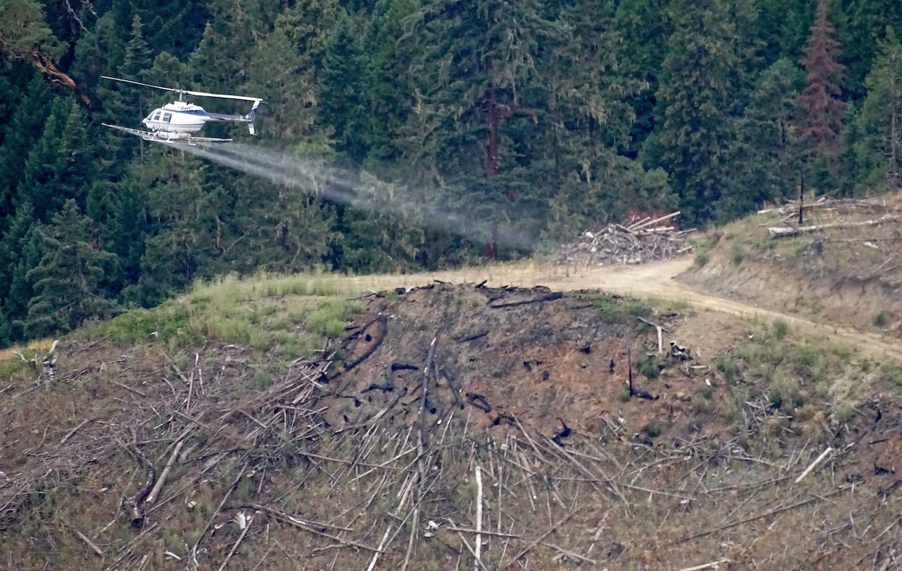 Helipcopter aerial sprays herbicides on clearcut land. Image credit: Francis Eatherington/Flickr