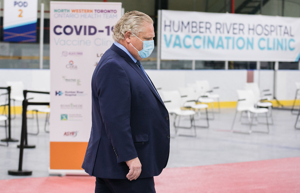 Ontario Premier Doug Ford at the Humber River Hospital Mass Immunization Centre in Toronto. Image credit: Premier of Ontario Photography/Flickr