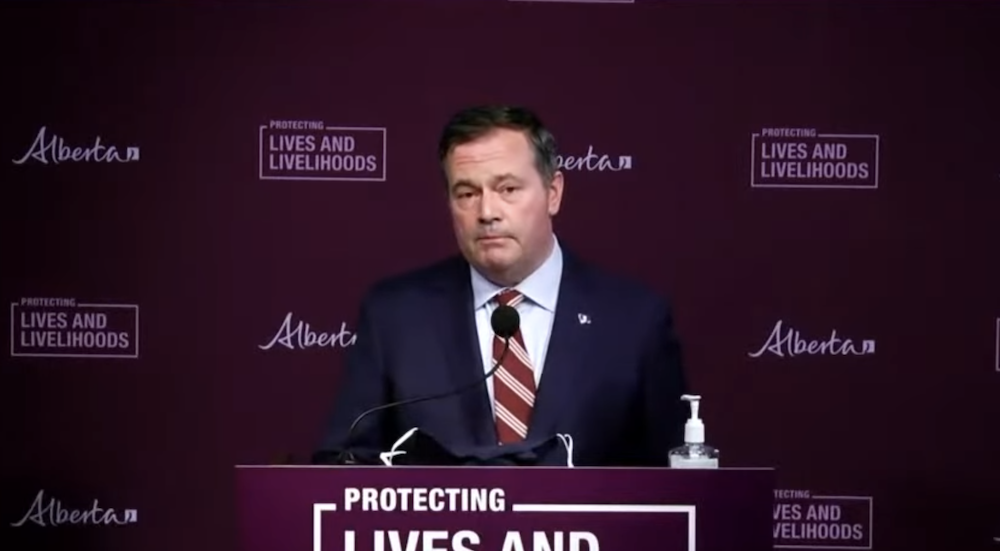 Alberta Premier Jason Kenney at yesterday's COVID-19 news conference. Image: Screenshot of Alberta Government video