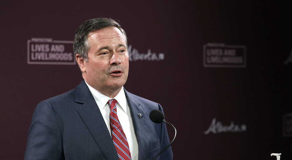 Alberta Premier Jason Kenney at yesterday's news conference on his government's "historic" jobs program. Image credit: Winston Pon/Office of the Premier via Alberta Newsroom/Flickr