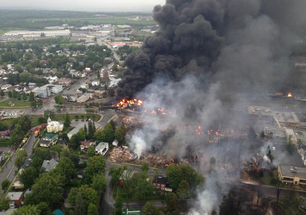 Picture taken from a Sûreté du Québec helicopter of Lac-Mégantic, the day of the train derailment in 2013. Image credit: Sûreté du Québec/Wikimedia Commons