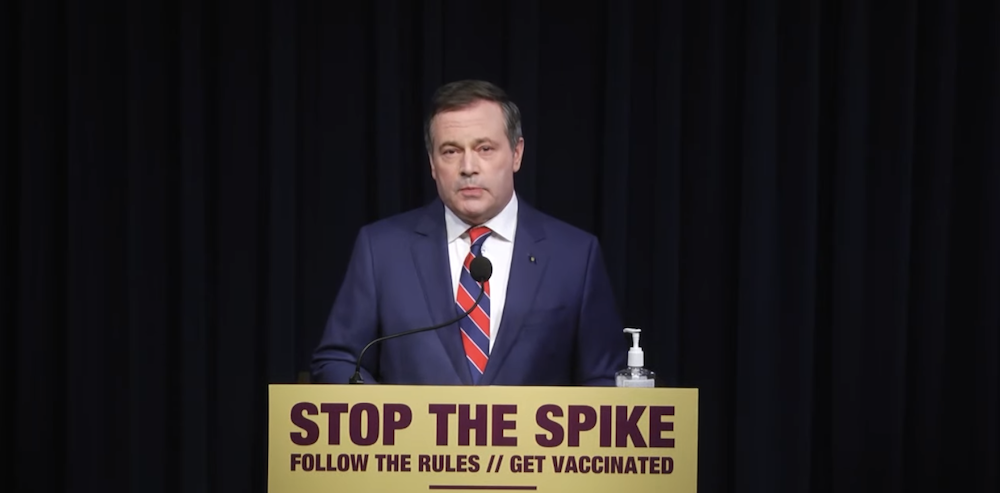 Alberta Premier Jason Kenney at his 9.5-minute speaking appearance yesterday evening. Image: Screenshot of Alberta Government video