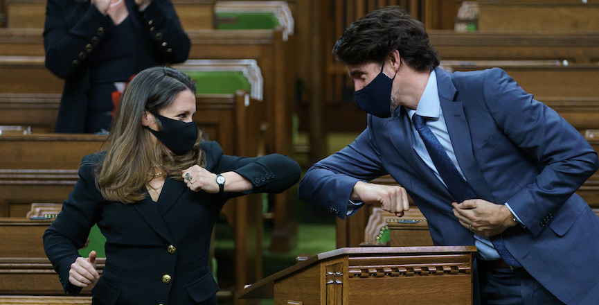 Justin Trudeau and Chrystia Freeland after introducing Budget 2021. Image credit: The Office of the Prime Minister