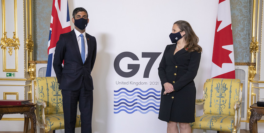 U.K. Chancellor Rishi Sunak holds a bilateral meeting with Finance Minister Chrystia Freeland at the G7 finance ministers' meeting in London. Image credit: HM Treasury/Flickr.