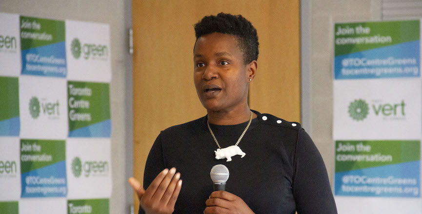 Annamie speaking to Green Party of Canada members and supporters at the 2019 Toronto Centre nomination meeting. Image credit: Annamie Paul/Creative Commons.