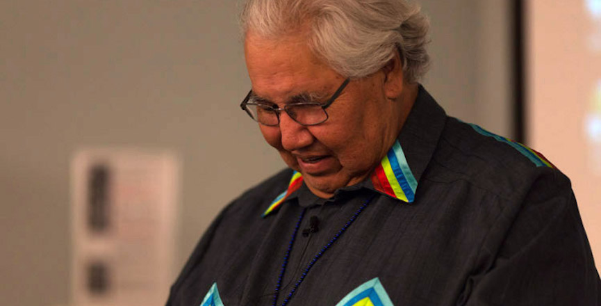 Murray Sinclair during opening keynote of the Shingwauk 2015 Gathering. Photograph taken during is address to survivors.