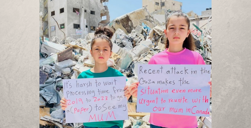 Kinda and Zaina in the rubble of Gaza, hoping to reunite with their mother and two younger siblings in Canada after over 2 years of separation. Image used with permission.