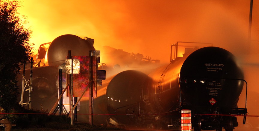 The Lac-Mégantic rail disaster in 2013. Image: Transportation Safety Board of Canada/Flickr