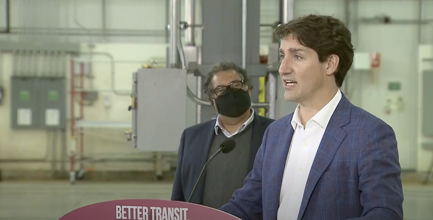 Justin Trudeau and Calgary Mayor Naheed Nenshi. Image: Screen shot of the news conference/rabble.ca.