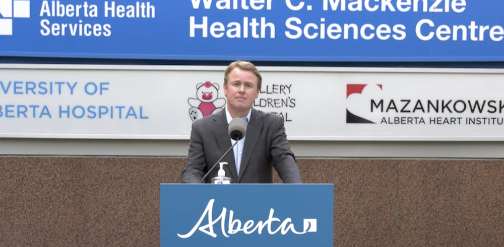 Alberta Health Minister Tyler Shandro at yesterday's news conference. Image: Screenshot of Alberta Government video