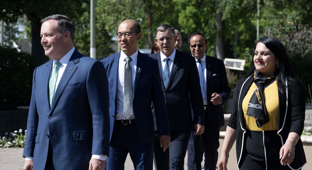 Premier Jason Kenney leads some of his new cabinet ministers down the garden path (literally) at Government House yesterday -- visible from left to right, Kenney, Jason Luan, Ron Orr, Muhammad Yaseen and Rajan Sawhney. Image: Chris Schwarz, Government of Alberta.